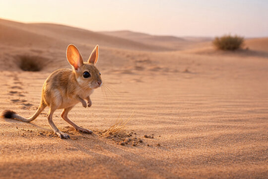 Jerboa desert rodent on sandy dune in an arid desert landscape with warm evening light and soft rippled sand. Great for wildlife education, desert ecology topics, environmental articles.