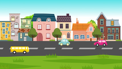 Colorful flat illustration of a city street with houses, buildings, cars, and trees along the road. Urban landscape scene representing transportation, neighborhood life, and modern city environment. © USWATUL