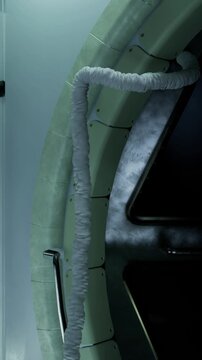 A round port with a green border can be seen against a dark background. The structure appears to be part of a modern design. There are textured materials and a curved shape in the scene.