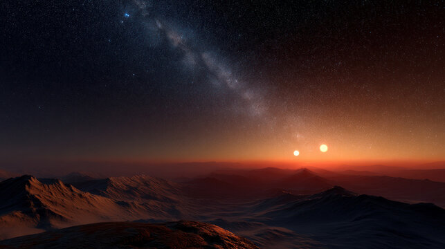 Space background with colorful nebula Galaxy Cloud. Bright galaxy shimmering neon blue purple colors with distant stars. Mysterious alien star system purple green planets orbiting a bright glowing sun