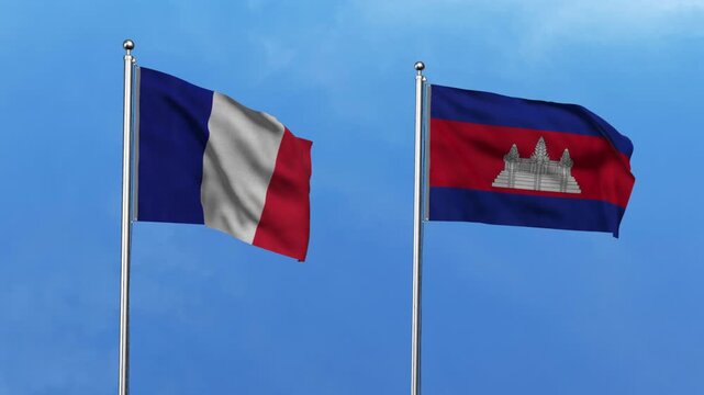 France and Cambodia Waving Flags, 3D Illustration.