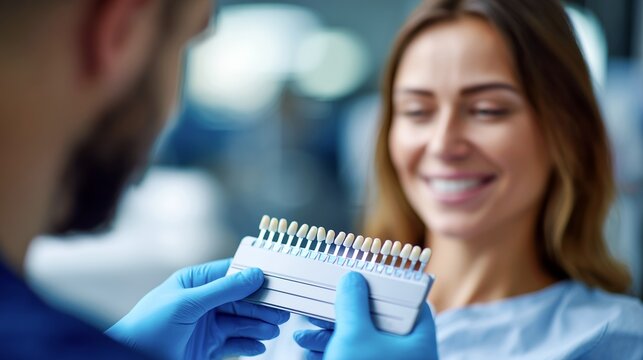 Dentist in blue gloves comparing tooth shade guide to female patient smile