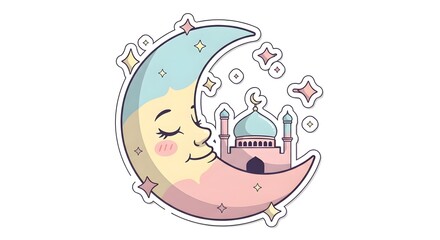 Fototapeta premium Adorable cartoon moon sleeping on a cloud with stars. Cute Islamic night illustration concept suitable for Ramadan Kareem greeting, children design, stickers, and Islamic celebration themes.