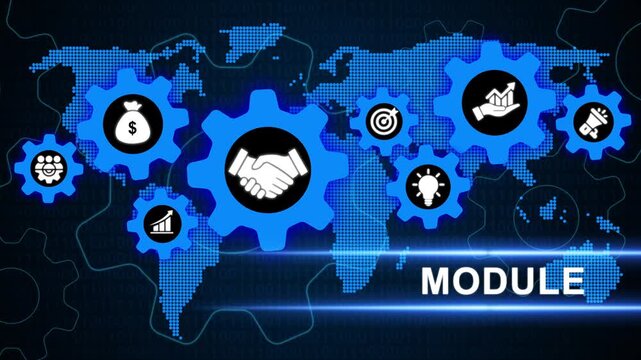 Global business module with interconnected gears and partnership icons, business strategy icons and world map background.