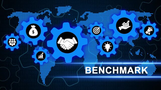Global business benchmark with interconnected gears and partnership icons, business strategy icons and world map background.