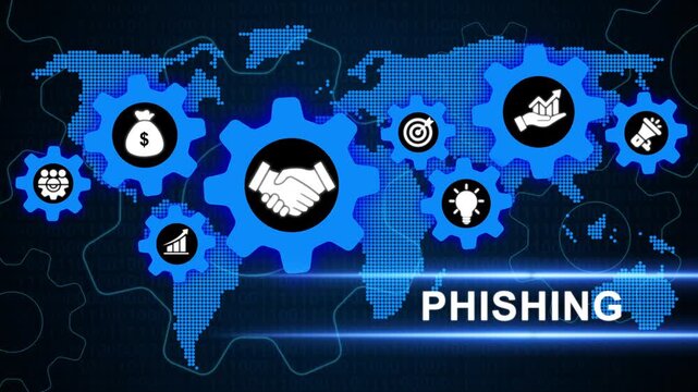 Phishing attack concept with gears and icons on global map, business strategy icons and world map background.