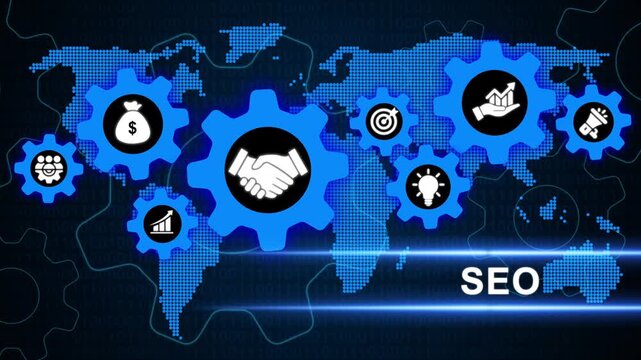 SEO optimization concept with global interconnected gears and icons. Global SEO strategy and digital marketing workflow concept with business icons and world Map technology background.