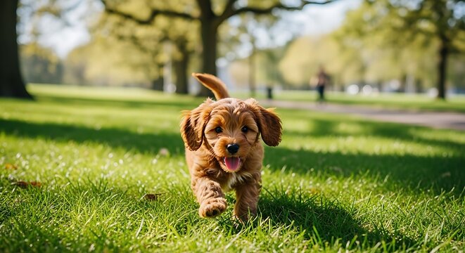 Happy puppy running towards camera on green grass during a sunny day