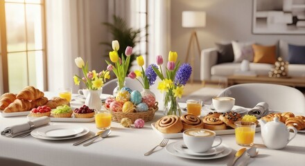 Festive Easter breakfast table with pastries, fruit, and spring flowers