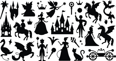 fairy tale silhouette collection, princess dragon unicorn castle icons set, fantasy magic characters illustration, storybook kingdom elements bundle © Sarjina's World