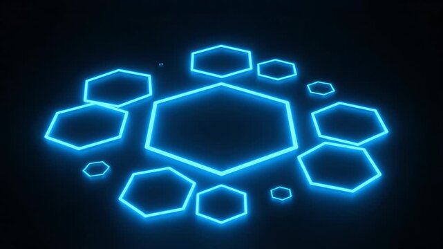 A central neon hexagon expands outward. Smaller hexagons appear, forming a glowing blue circle.