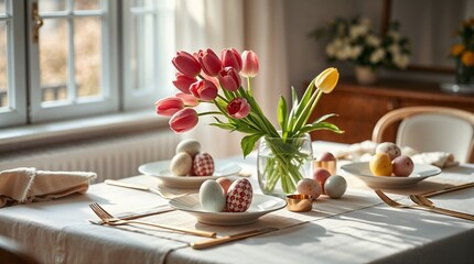 Elegant Easter Table Setting with Tulips and Decorated Eggs