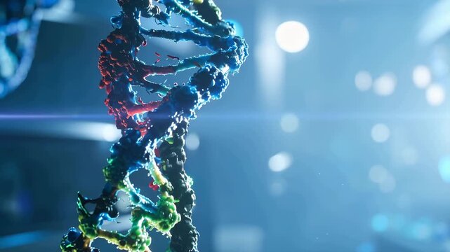DNA Helix: A close-up view of a vibrant DNA double helix, glowing with iridescent colors against a backdrop of soft bokeh, representing the essence of life and genetic code.