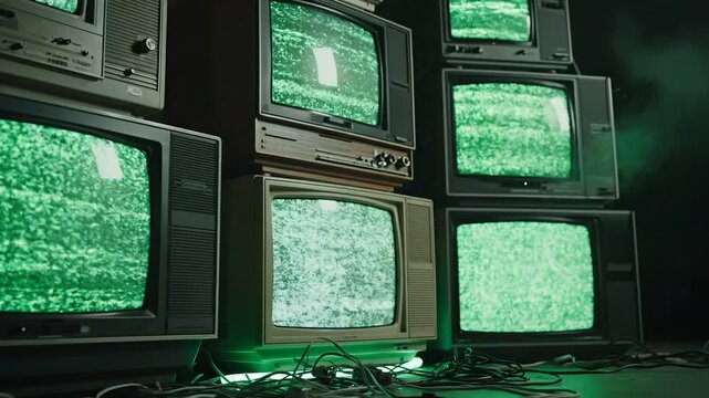 A collection of vintage televisions displaying static screens, surrounded by tangled cables, creating a nostalgic and eerie atmosphere