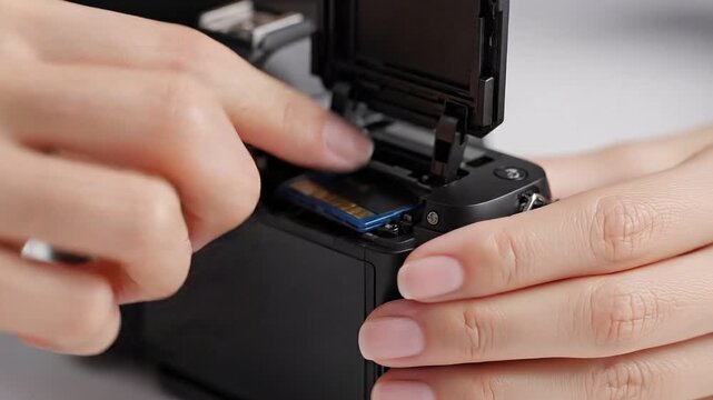 Close-up of hands inserting a memory card into a camera, showcasing careful maneuvering and attention to detail