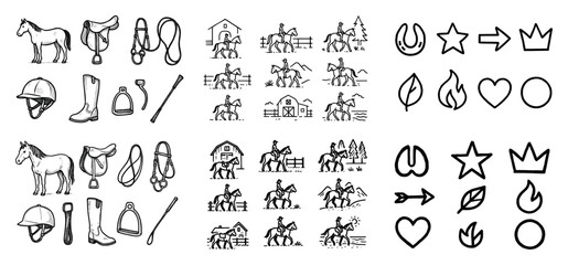 Obraz premium Equestrian icons with horse saddle sketch line