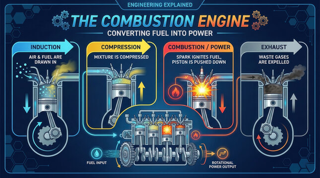 Internal Combustion Engine Infographic: 4-Stroke Cycle Diagram Showing Induction, Compression, Combustion, and Exhaust
