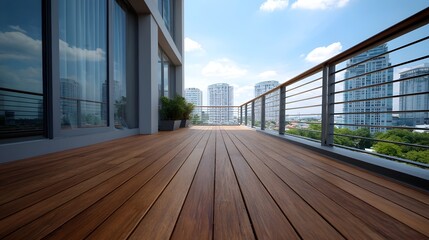 Fototapeta premium Modern wooden balcony overlooking a vibrant cityscape with tall buildings under a bright blue sky