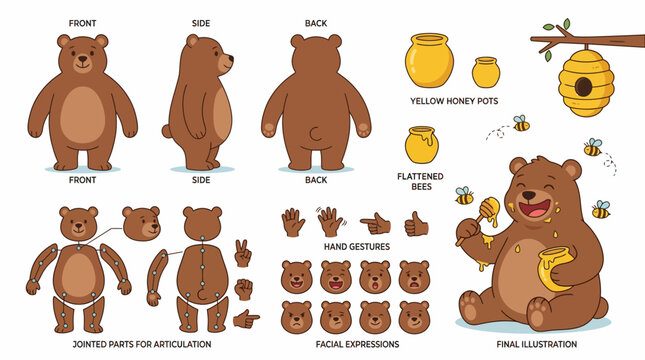 A complete cartoon bear character design kit featuring multiple poses, articulated body parts, facial expressions, and hand gestures, perfect for animation projects.