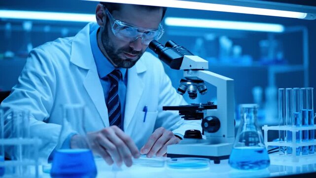 Scientist examining samples through microscope in modern laboratory setting
