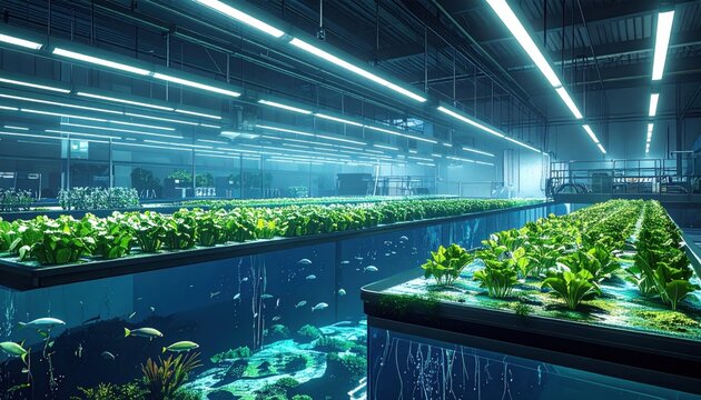 Advanced Aquaponic and Hydroponic Systems Cultivating Greenery Under Artificial Lighting Indoors
