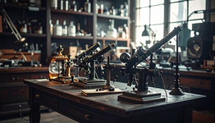 Fototapeta premium Antique Scientific Instruments Including Microscopes and a Telescope on a Wooden Desk in a Vintage Laboratory