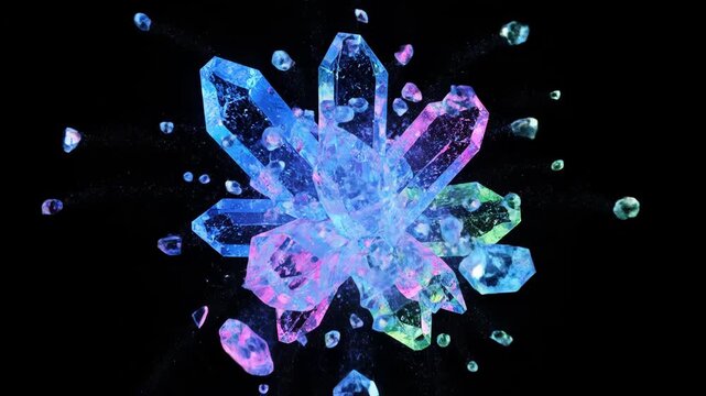 A vibrant, multifaceted crystal grows and expands against a dark background. Shimmering facets reflect a spectrum of luminous, magical colors.