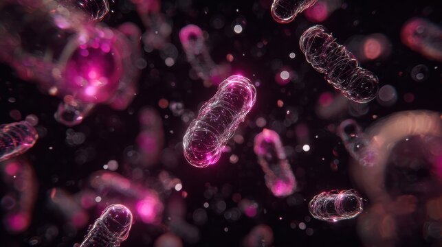 Glowing superbug floats in dark space surrounded by light. The bright colors reveal the structure and movement of the organism.