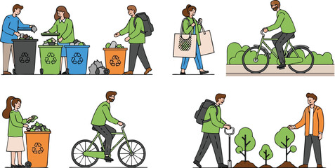Fototapeta premium A funny cartoon illustration set featuring a group of people and children having fun riding bicycles, including a woman, boy, and kid as a happy family character vector pattern