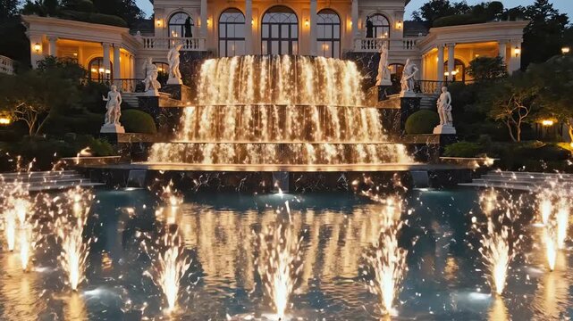 Ornate Tiered Waterfall Fountain at Luxury Estate Evening