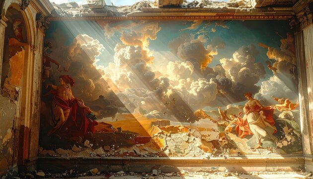 Baroque fresco fragment depicting celestial figures and swirling clouds with divine light rays illuminating ruins