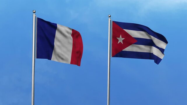 France and Cuba Waving Flags, 3D Illustration.