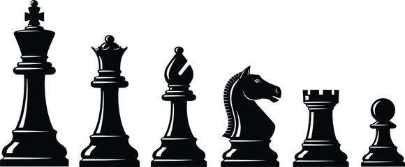 Black silhouette of chess pieces including king queen bishop knight rook and pawn vector illustration © Nargis