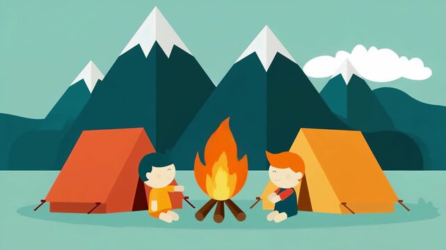 Children Camping by Campfire with Tents and Mountain Landscape Flat Illustration