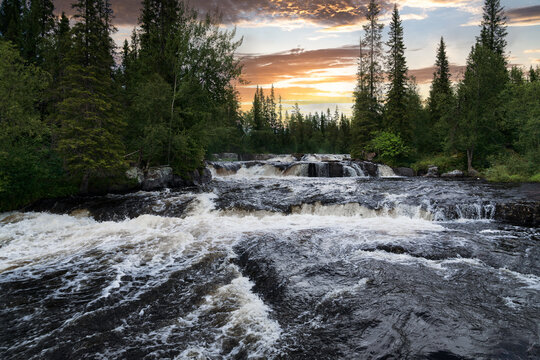 A breathtaking view of the Fj&auml;tfallen waterfall in Sweden during golden hour. Cascading water rapids surrounded by a lush pine forest in Dalarna, capturing the wild Scandinavian summer