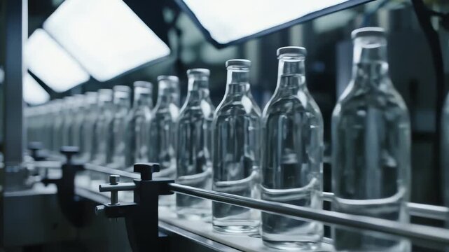 Row of identical clear bottles on a production line