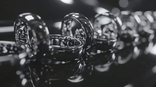 Row of Shiny Metal Rings on Dark Reflective Surface