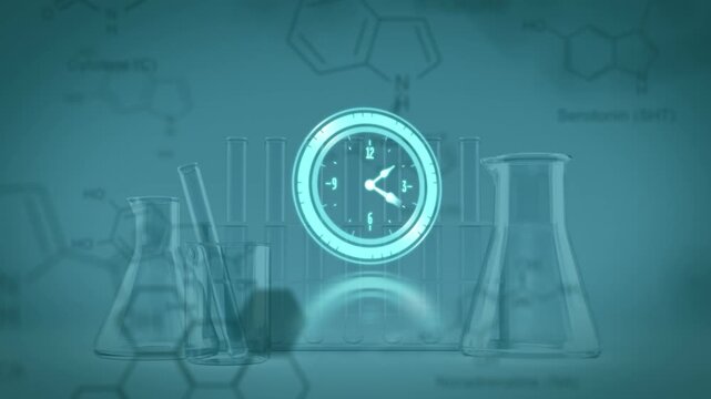 Composition of empty laboratory with blue clock blurred copy space