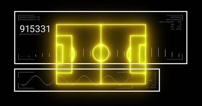 Animation of neon stadium over data processing on black background