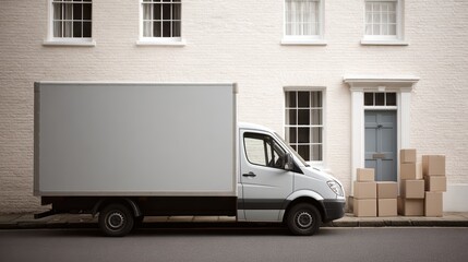 Moving van filled with boxes and furniture parked near house