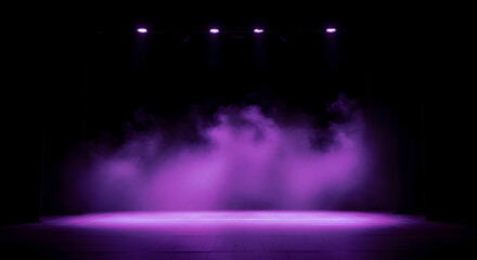 Fototapeta premium Mysterious purple stage lighting illuminates swirling smoke creating an atmospheric and dramatic ambiance for performance or event