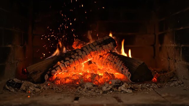 Burning logs glow with intense heat and vibrant flames. Embers and ash settle around the warm, crackling fire.