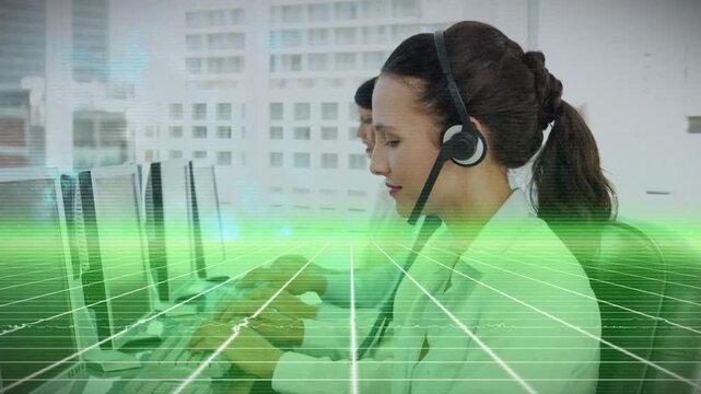 Animation of green grid network over team of diverse customer care executives working at office