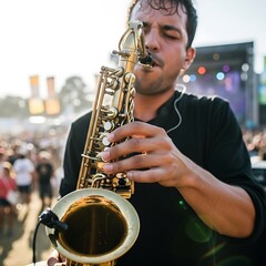 Obraz premium Musician plays saxophone during outdoor festival with crowd in background.