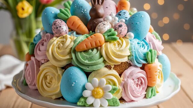 Easter cake decorated with eggs, bunny, and sugar carrots creates festive dessert centerpiece. Easter celebration, holiday treat, and spring table arrangement