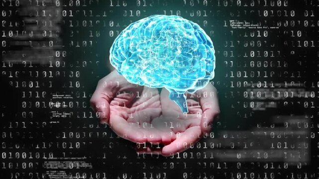 Animation of human brain and binary coding, scientific data processing