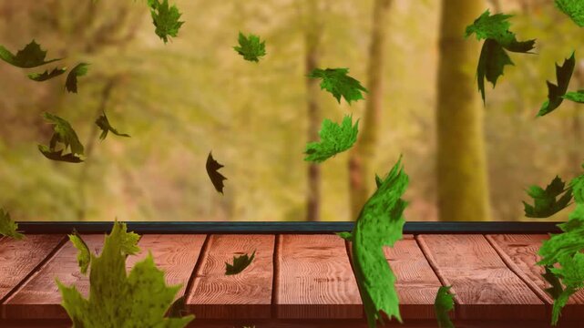 Animation of autumn leaves falling over trees and wooden surface