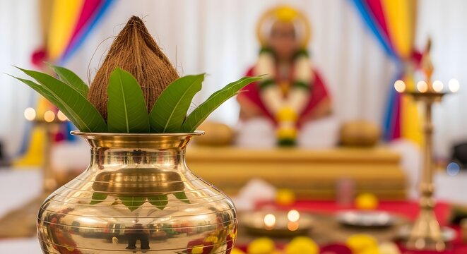 Traditional Hindu Puja Kalash with coconut and mango leaves on a brass pot. Sacred Indian wedding ceremony rituals with blurred background of a priest and oil lamps.
