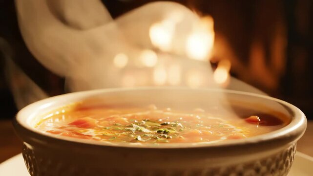 Steaming Bowl of Hearty Soup with Herbs