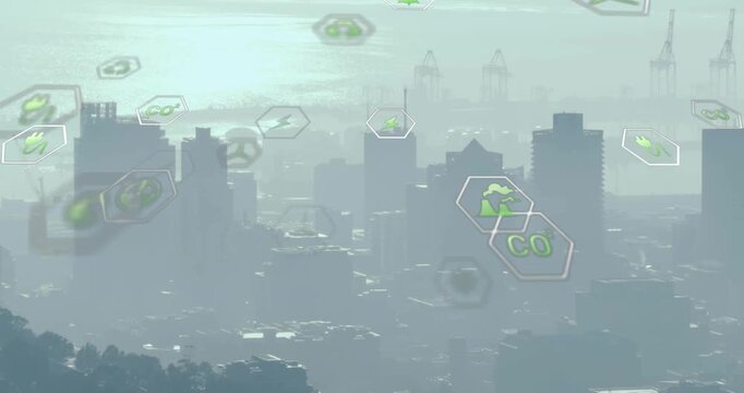 Animation of network of eco icons over cityscape